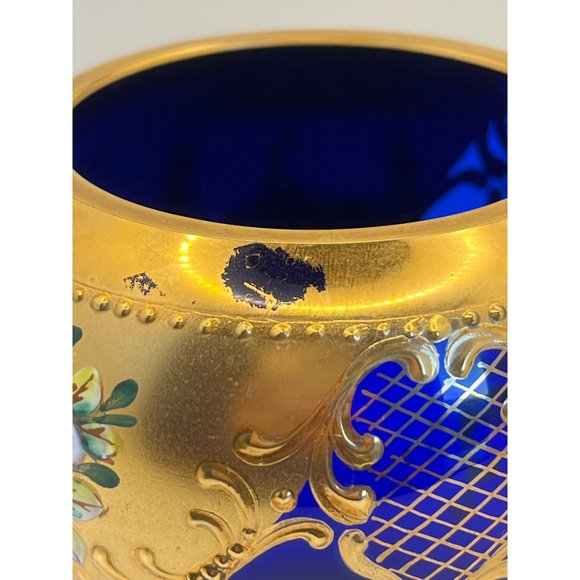 Vintage Moser Bohemian Blue Gold Vase applied Flowers 5" READ - Picture 2 of 6